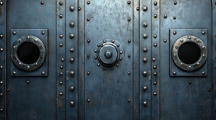 a steel door with portholes and rivets, resembling a submarine or bunker entrance, featuring a rotary valve lock and bulletproof design