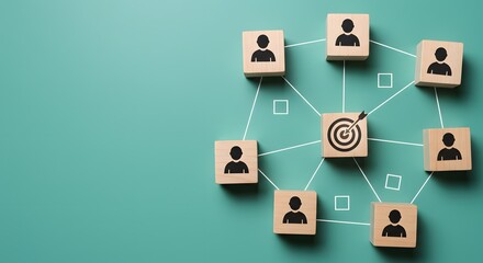 AI image wooden blocks with people icons connected to a central block with a target and arrow, symbolizing audience targeting.