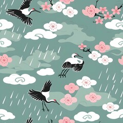 Seamless pattern of thai rainclouds and japanese ts nature digital art tranquil environment aerial view cultural fusion