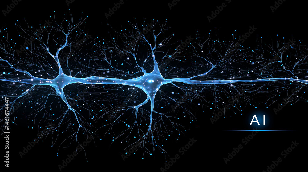 Poster blue neural circuit pattern vector with ai label icon