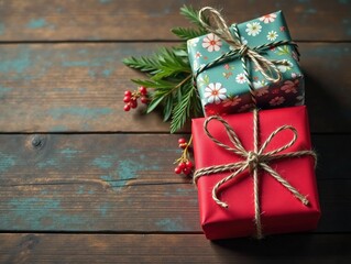 Luxury presents tied with twine, weathered wooden surface, vintage, wooden