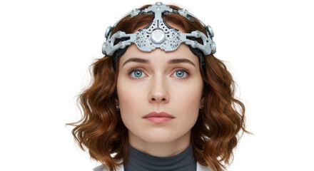 Woman wearing futuristic brainwave headset on white background
