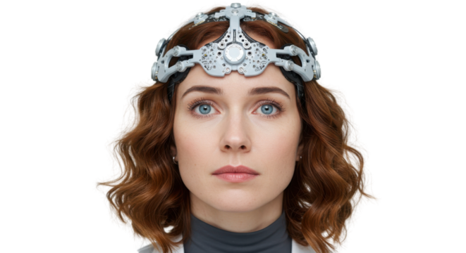 Woman wearing futuristic brainwave sensing headset on white studio background