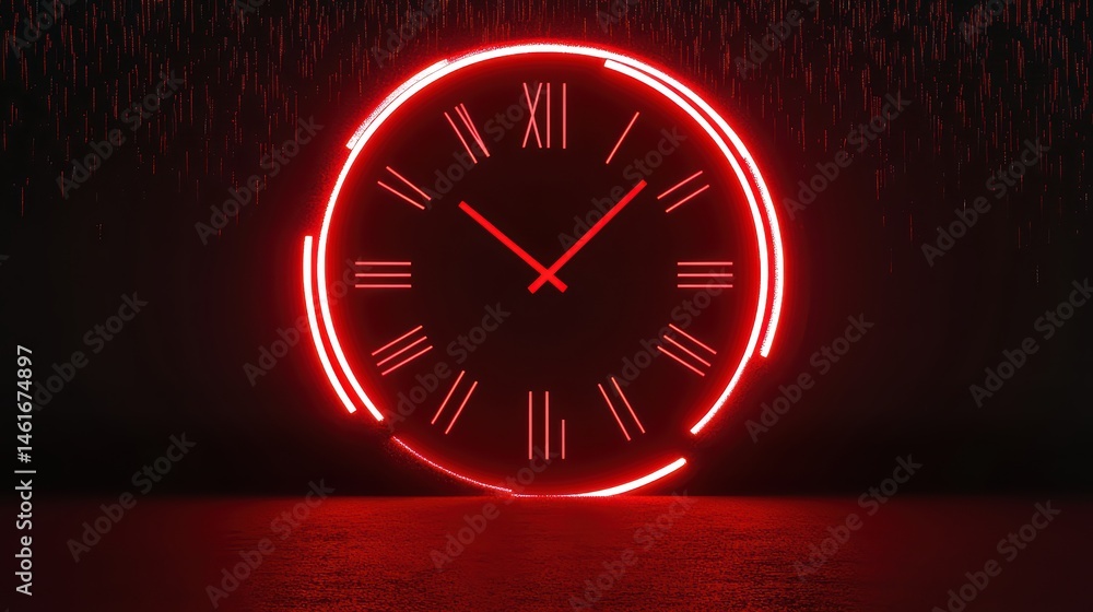 Poster neon red clock face with roman numerals on dark background, artistic display of time and modern aest