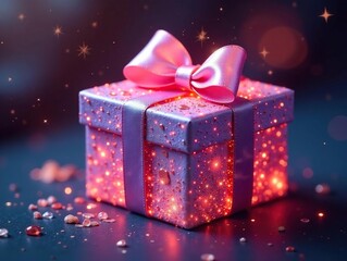 Mystical sparkling box, radiant satin bow, ethereal glow, sparkling, item