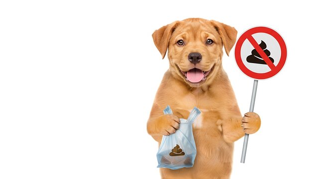hyper realistic digital art, puppy holding plastic bag and no dog poop sign on the right side of the image, isolated on white background, copy space on the left