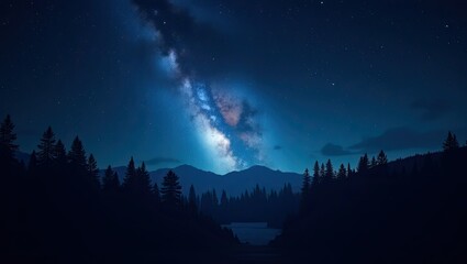 Naklejka premium Mystical Starry Night Landscape with Milky Way Above Mountains