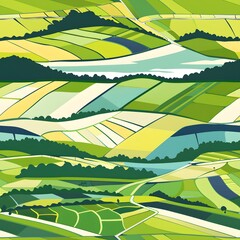 Seamless pattern of thai and japanese rice field landscapes vibrant greenery digital art aerial view nature inspiration