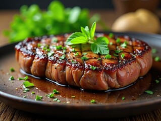 Seared steak, melted herb butter, fresh herbs, culinary, dinner