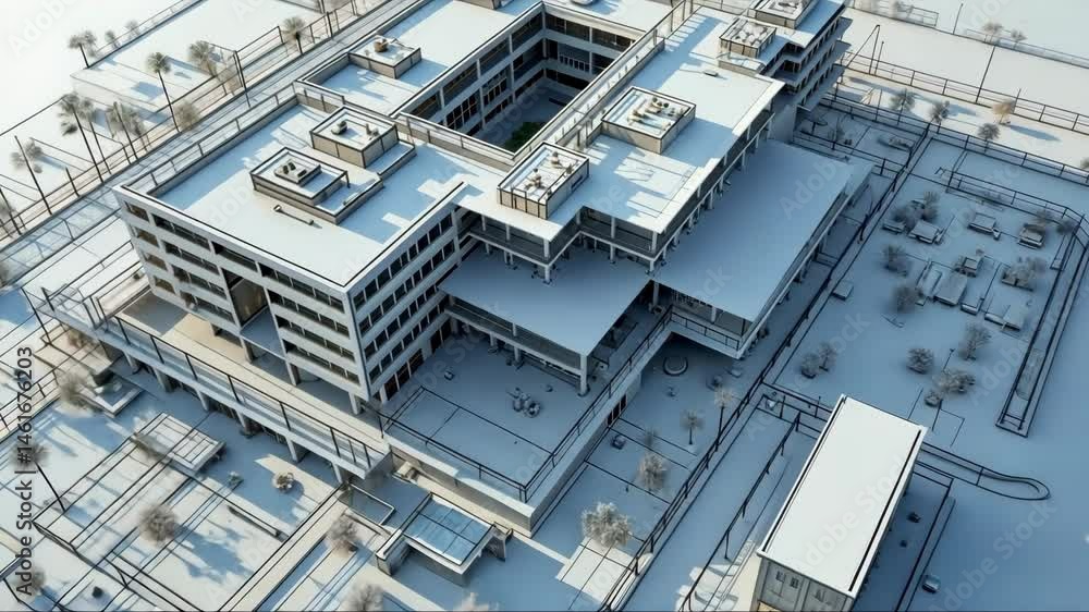 Poster digital construction building information modeling bim concept with 3d model and blueprints illustra