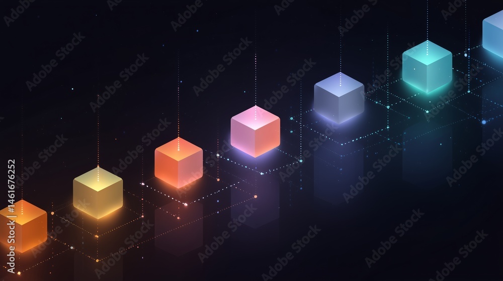 Poster floating blockchain cubes connected by glowing dotted lines, minimal vector concept, modern tech col