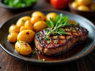 Sizzling steak, roasted fingerlings, thyme, rosemary, steak, delicious
