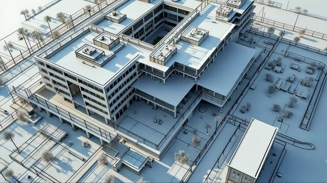 digital construction building information modeling bim concept with 3d model and blueprints illustration. The building is surrounded by a fence
