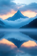 Naklejka premium Misty mountain reflected in a tranquil lake at sunrise