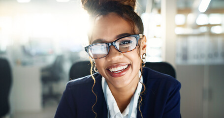 African woman, portrait and glasses for working at night, office with online newspaper or digital...