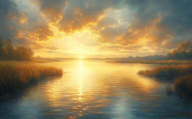 Obraz premium Golden sunset over calm waterway with lush grasses