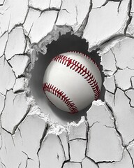 Baseball Breaking Through Wall Close-up Shot of Sport Equipment Crashing Through Concrete Barrier with Force and Power