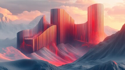 Abstract waves rise and fall across a digital landscape with sharp red graph lines spiking through