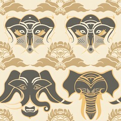 Seamless pattern featuring thai elephant icons and japanese fox masks cultural design elements artistic environment decorative view