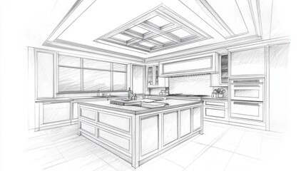 Detailed architectural sketch of a modern kitchen design.