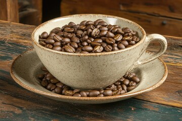 Fototapeta premium Coffee beans overflowing a large, light beige ceramic cup and saucer, sitting on a rustic wooden table