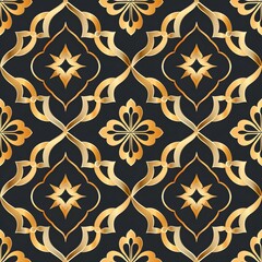 Seamless pattern design showcasing thai window motifs and japanese folding screen shapes elegant gold on black textile art