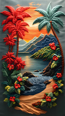 Tropical paradise scene with palm trees, flowers, and a serene shoreline