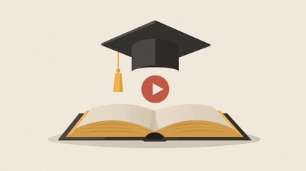Floating open book with graduation cap and video play icon, vector design, clean academic theme, room for text