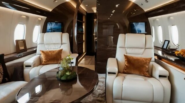 Luxurious private jet cabin with cream leather seats, dark wood, and ambient light