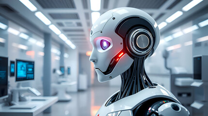 A white humanoid robot in a modern medical environment, Generative Ai