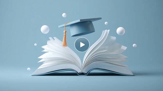 Floating open book with graduation cap and video play icon, vector design, clean academic theme, room for text