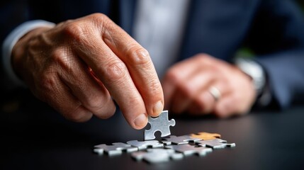 Close-Up of Hand Placing Puzzle Piece on Table, Symbolizing Problem Solving and Strategic Thinking in Business or Life Challenges