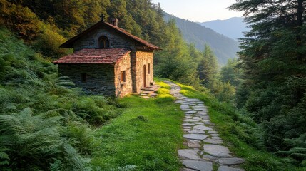 Obraz premium Mountain Chapel nestled in lush greenery. A rustic stone chapel sits on a hillside path, surrounded by dense forest. Sunlight streams through the trees, illuminating the ancient structure