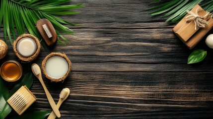 Naklejka premium Natural Organic Products on Wooden Surface with Leaves and Eco-Friendly Items for Wellness and Beauty Treatments