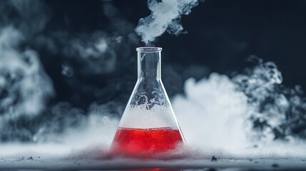 White smoke emerges from an Erlenmeyer flask containing a red solution after dry ice is added, demonstrating a chemical reaction 
