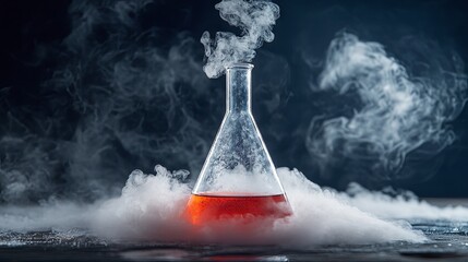 White smoke emerges from an Erlenmeyer flask containing a red solution after dry ice is added, demonstrating a chemical reaction 