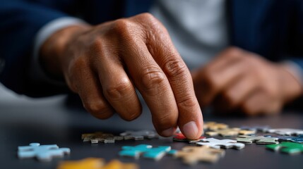 Hand Assembling Colorful Puzzle Pieces on Table in Bright Indoor Setting, Close-Up View of Concentrated Effort