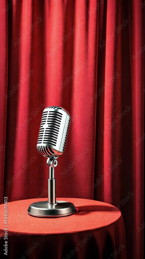 Poster classic microphone rotating on a stand, set against a vibrant two tone backdrop of pink and turquois