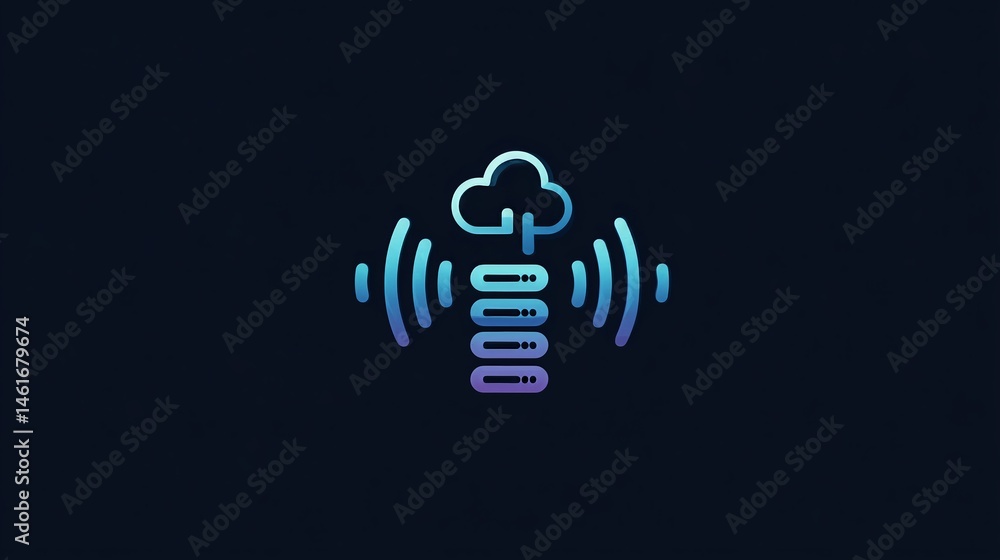 Poster floating server icon with connected data cloud and signal waves, minimalist vector, tech concept