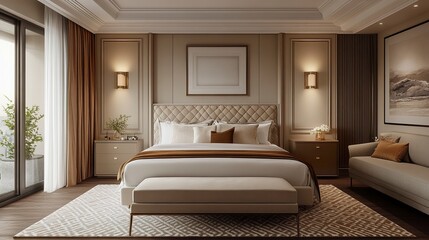 Scandinavian style bedroom interior, wall mockup, 3d render.