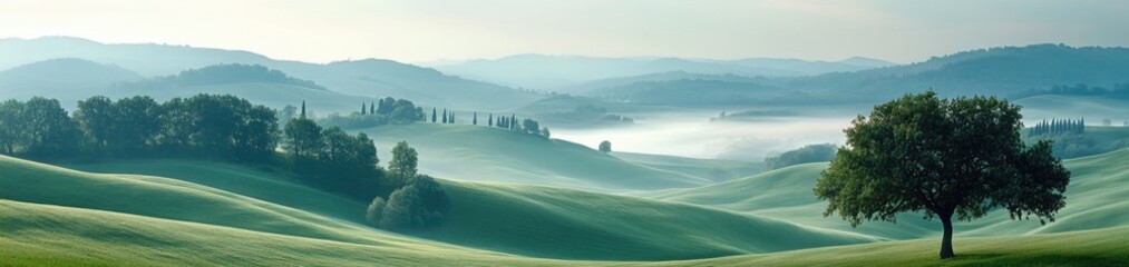 Misty landscape with rolling hills and a lone tree.