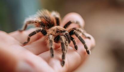 Fototapeta premium Closeup of a Tarantula Spider on a Person s Hand Outdoors