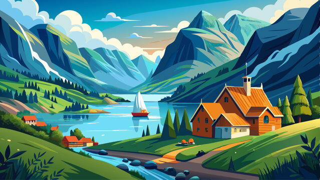 Landscape with scenic view on Nordfjord near Utvik in Norway, Nordfjord offers one of the finest Norwegian scenery.