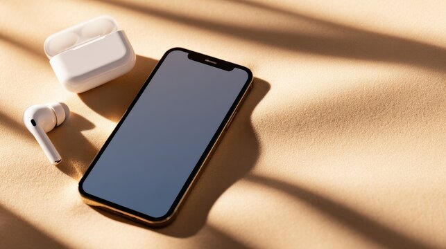 Close-up of smartphone and wireless earbuds on a textured surface with soft shadows