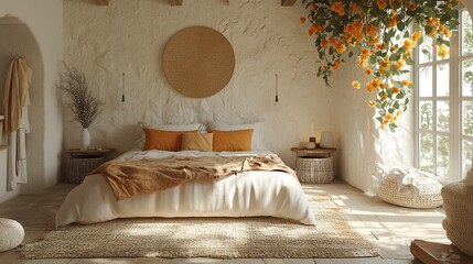 Scandinavian style bedroom interior, wall mockup, 3d render.  