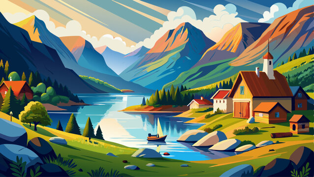 Landscape with scenic view on Nordfjord near Utvik in Norway, Nordfjord offers one of the finest Norwegian scenery.