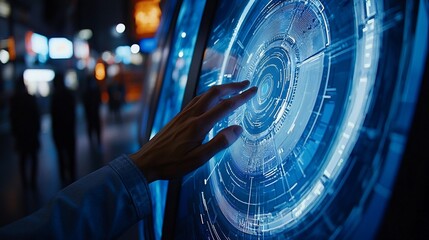 Interactive digital kiosk at night, featuring a touch screen interface