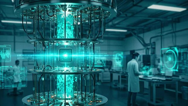 Advanced quantum computing laboratory with scientists analyzing data and futuristic technology