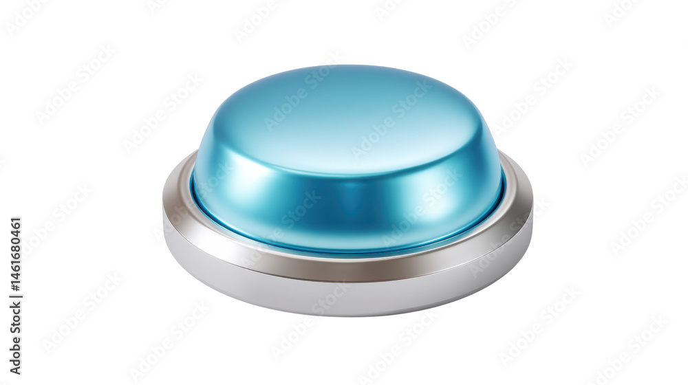 Poster close up of a shiny blue metallic round push button against a clean white background representing a 