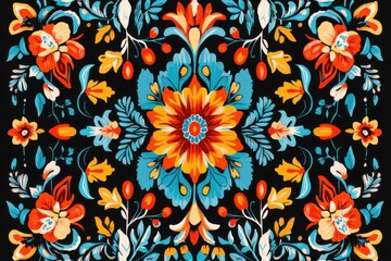 Vibrant floral patterns enliven traditional textile art with bold colors and intricate details in an elegant composition